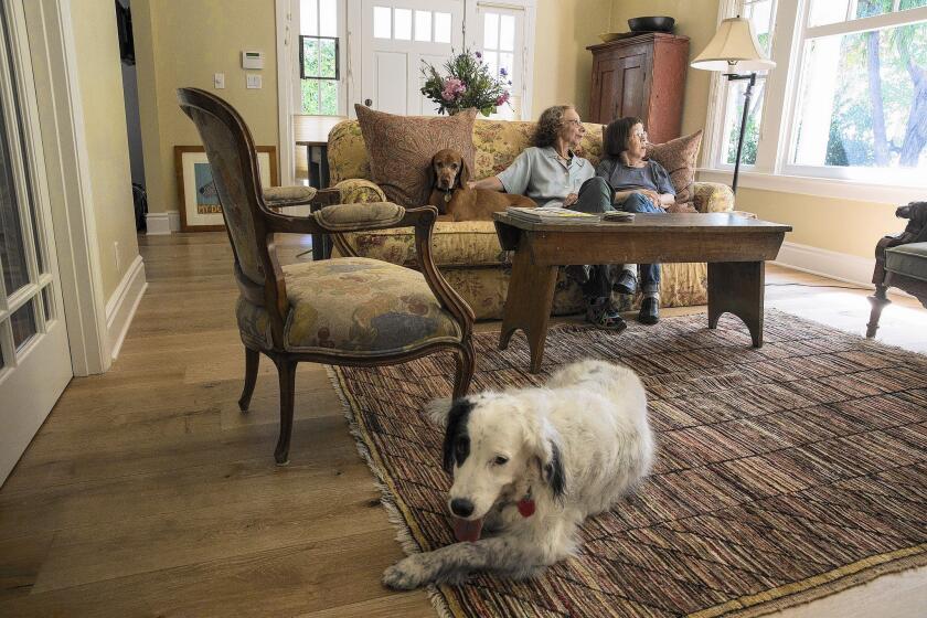 "NCIS: Los Angeles" costar Linda Hunt, right, with her partner, Karen Klein, and their dogs sit in the living room of their recently renovated Craftsman home in Hollywood.