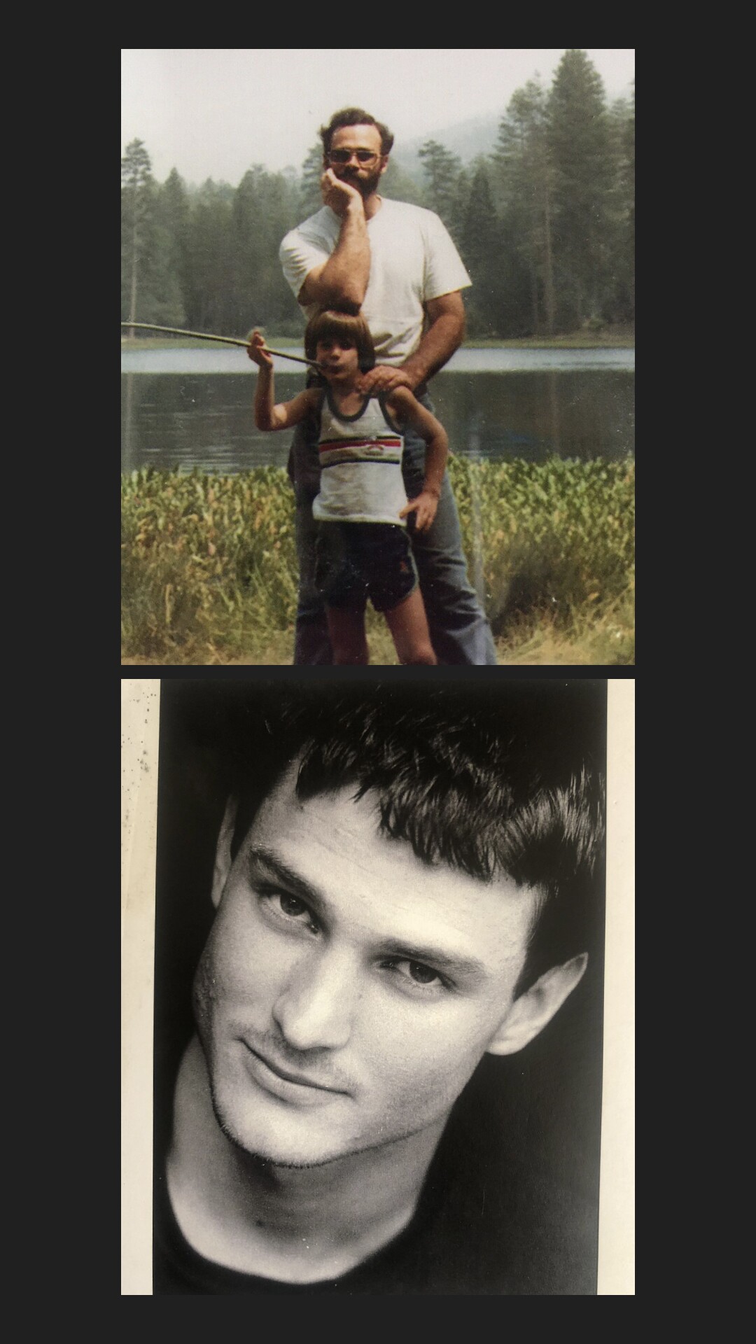 Two photos of John Maurer; one of him as a child with his older brother; the other a modeling headshot.