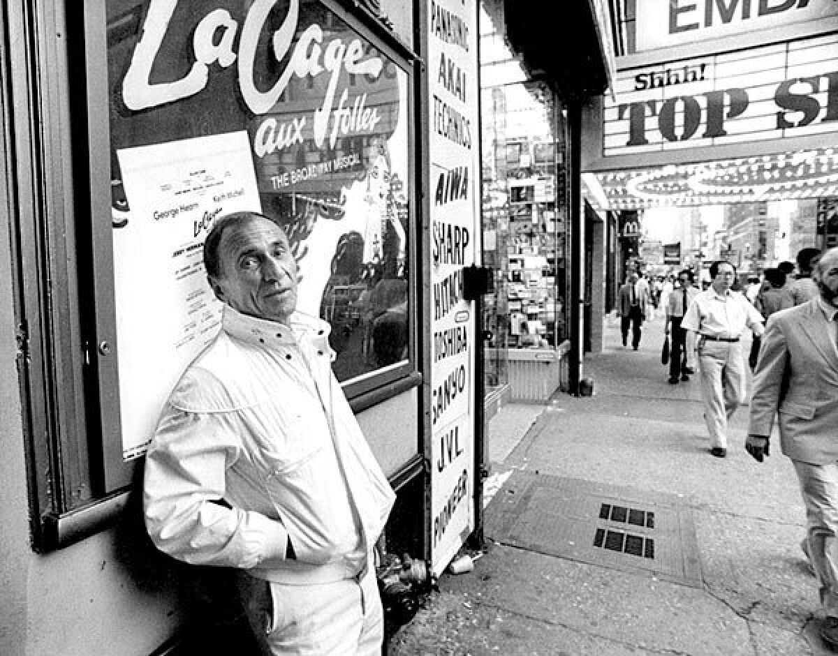 Arthur Laurents in 1984 outside the Broadway theater where "La Cage aux Folles" was staged.
