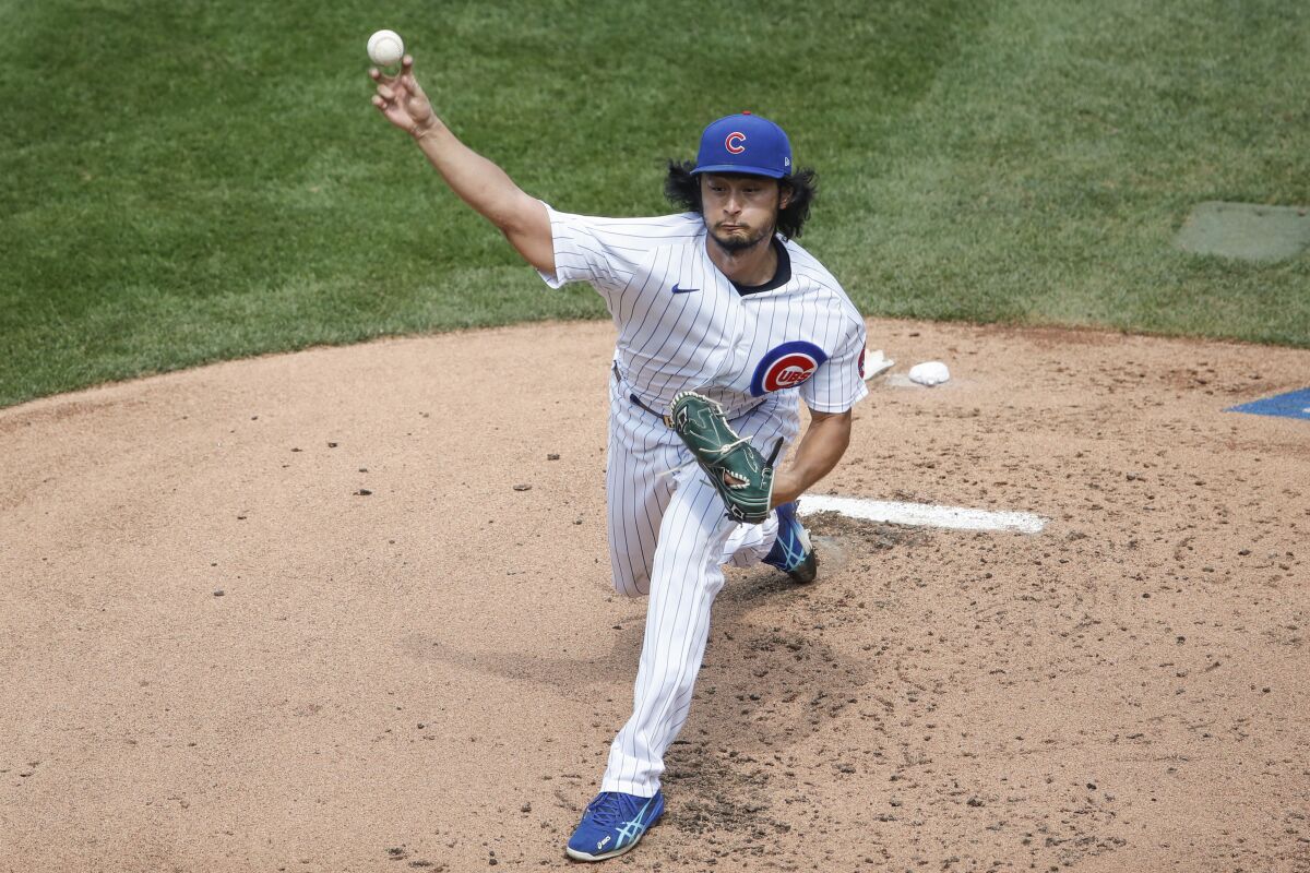 Chicago Cubs starting pitcher Yu Darvish in August game.