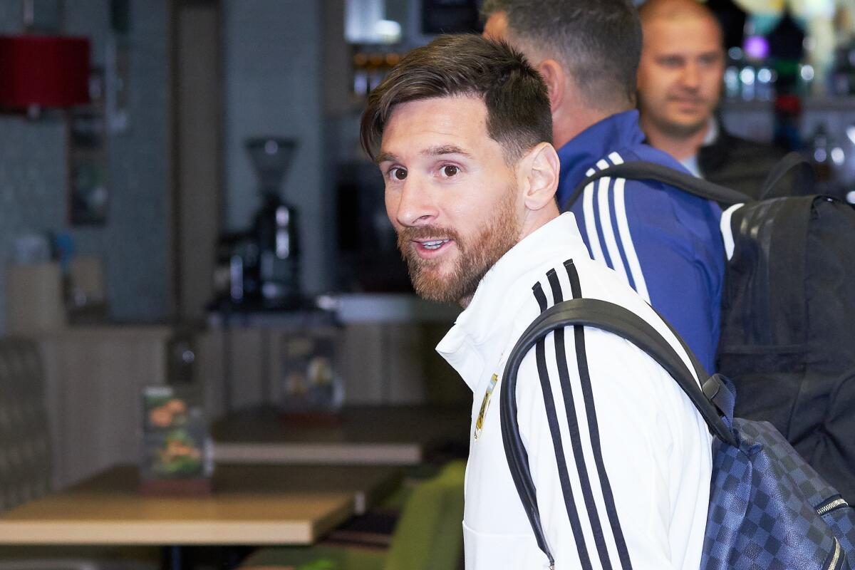 Lionel Messi of Argentina football team player arrives to compete in the 2018 World Cup at Zhukovsky airport on June 9, 2018 in Moscow, Russia.