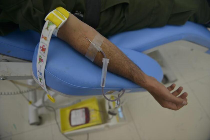 Una vista de primer plano muestra el brazo de un voluntario yemení que dona sangre en un centro de donación de sangre en el Día Mundial del Donante de Sangre, en Sana'a, Yemen, el 14 de junio de 2013. EPA/YAHYA ARHAB/Archivo