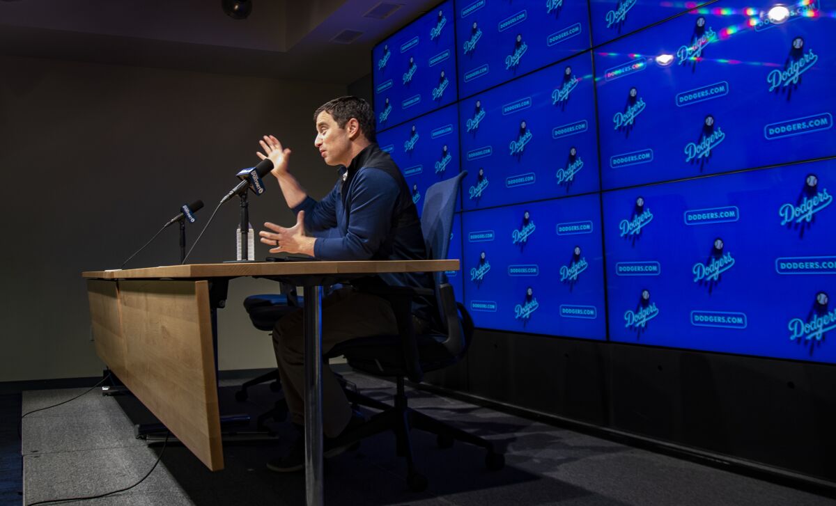 Dodgers president of baseball operations Andrew Friedman speaks during a news conference at Dodger Stadium on Oct. 14