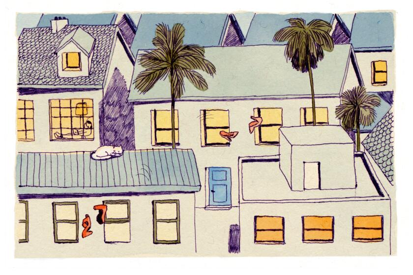 Illustration of homes with several pairs of high heeled shoes being thrown out of windows.