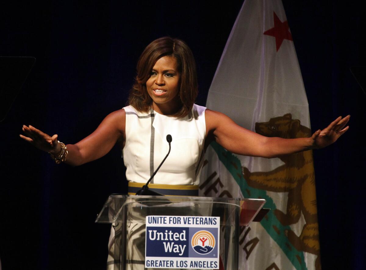 First Lady Michelle Obama at a July 2014 event in Century City calling for an end to veteran homelessness.