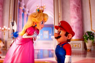 An animated still of Nintendo characters Princess Peach and Mario speaking to each other inside a castle with mushroom guards