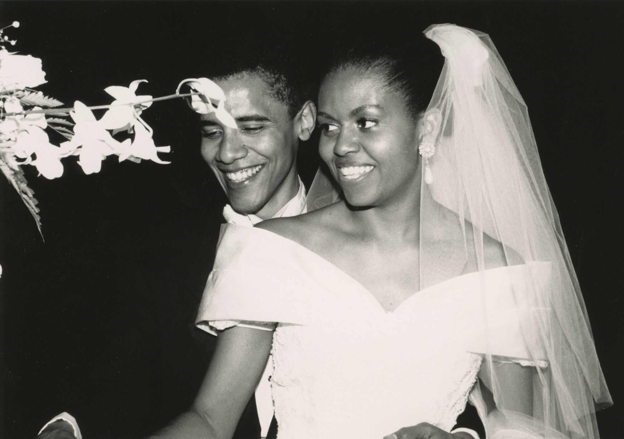 Barack Obama and Michelle Robinson at their wedding reception on Oct. 3, 1992