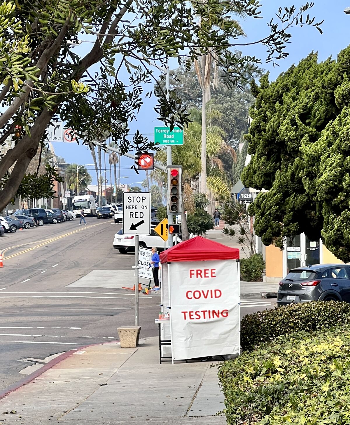 A tent at Girard Avenue and Torrey Pines Road in La Jolla offers free COVID-19 coronavirus testing.