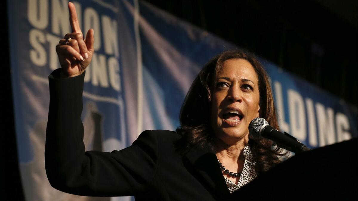 Sen. Kamala Harris, a candidate for the 2020 Democratic presidential nomination, addresses labor leaders in Sacramento.