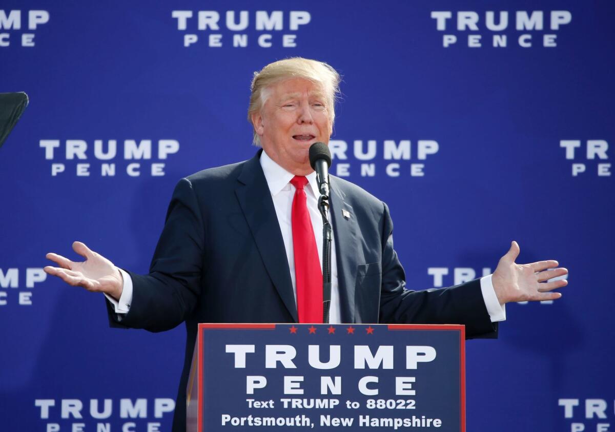Republican presidential nominee Donald Trump speaks Saturday in Portsmouth, N.H.
