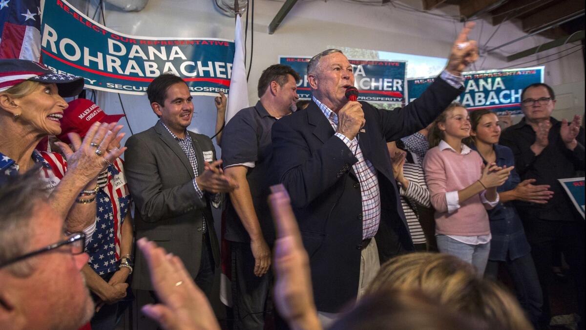 Republican Rep. Dana Rohrabacher speaks to supporters on election night at his campaign headquarters Tuesday in Costa Mesa.