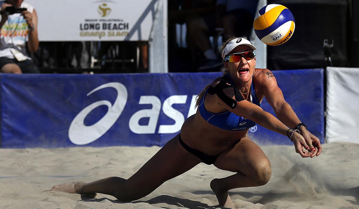 Kerri Walsh Jennings digs for the ball during her team's match against Italy at the ASICS World Series Of Beach Volleyball on Aug. 20.