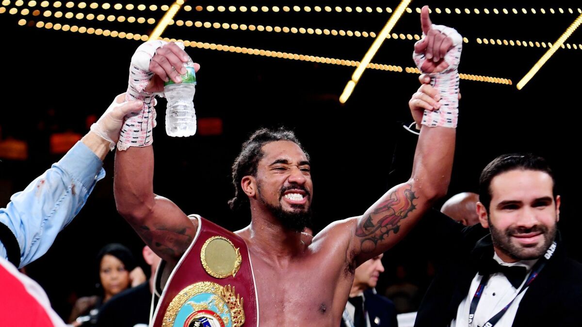 Demetrius Andrade of the United States reacts after defeating Artur Akavov of Russia during the WBO middleweight title fight at The Hulu Theater at Madison Square Garden on January 18, 2019 in New York City.