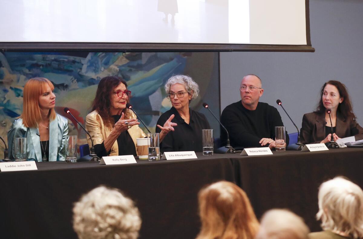 Artists and participants Kelly Berg, Lita Albuquerque, Rebeca Mendez, Phillip Smith III, and Rochelle Steiner, from left.