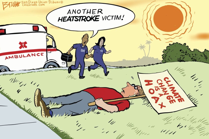 A climate change denier suffers heatstroke in this Breen cartoon