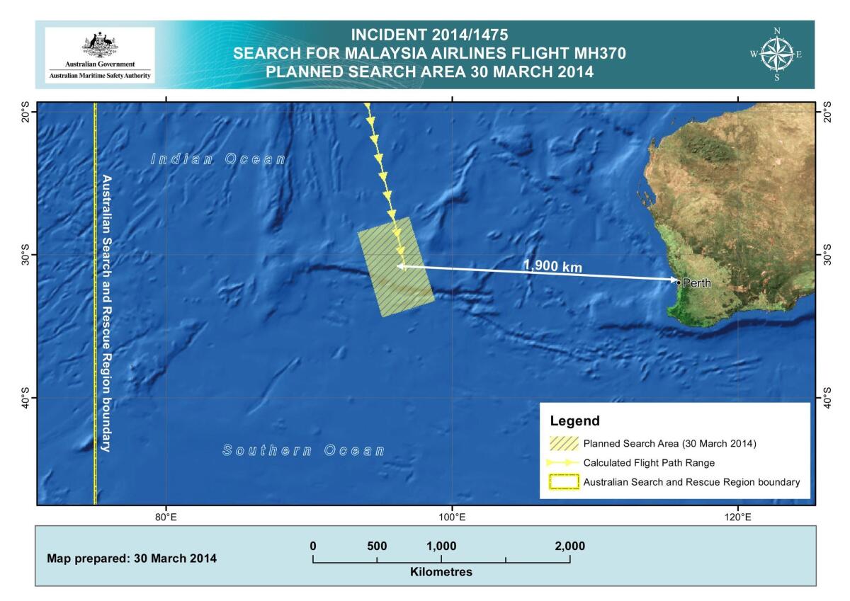 An image released by the Australian Maritime Safety Authority shows the search area in the Indian Ocean, west of Perth, Australia, for the missing Malaysian Airlines flight MH370.