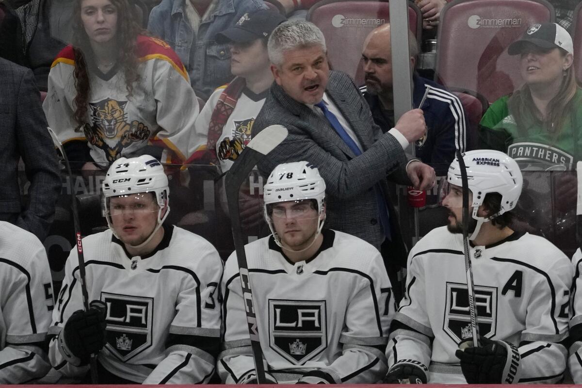 Kings coach Todd McLellan gestures during the third period of a 3-2 overtime loss to the Florida Panthers.