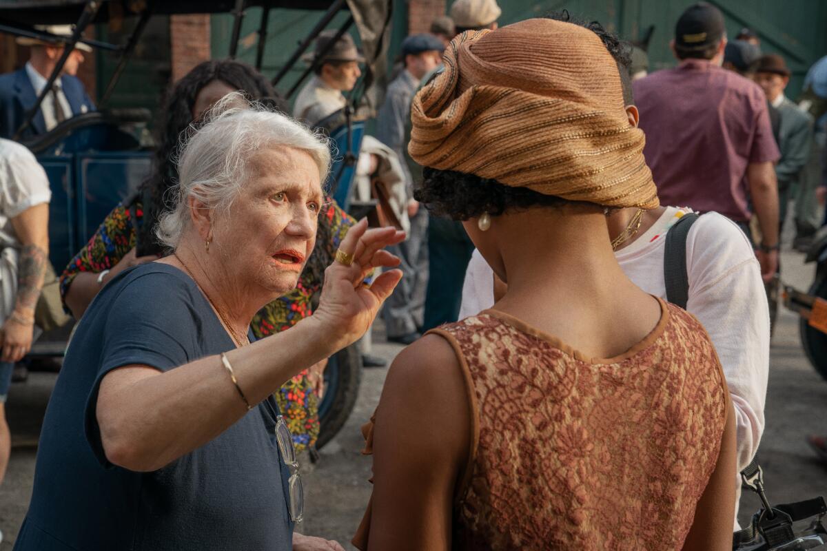 Costume designer Ann Roth and Taylour Paige on the set of "Ma Rainey's Black Bottom."