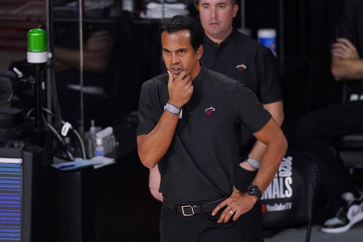 Miami coach Erik Spoelstra looks on during Game 2 of the NBA Finals against the Lakers on Oct. 2, 2020.