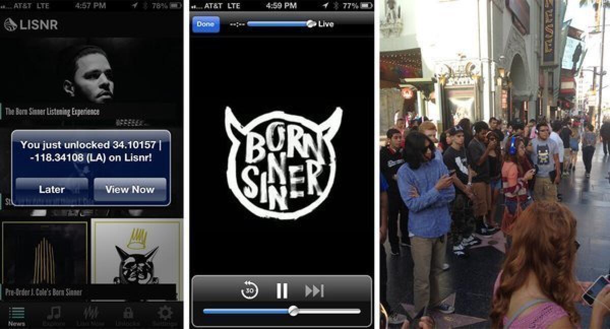 The smartphone app LSNR unlocks at a prompted time only when the user is within specific geographical coordinates. On Thursday in Los Angeles, the coordinates placed J. Cole fans in front of TCL Chinese Theatre to stream his upcoming album, "Born Sinner."