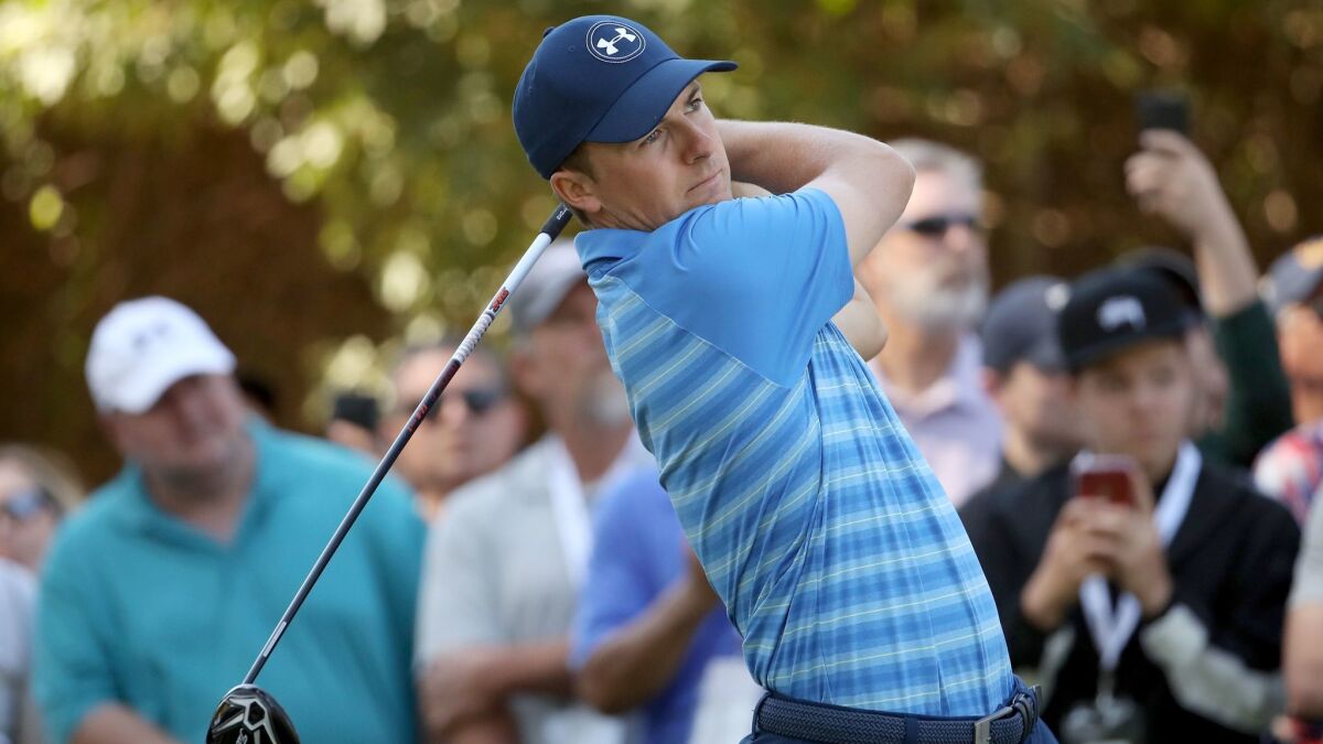 Jordan Spieth plays his shot from the 11th tee during the third round of the Genesis Open at Riviera Country Club.
