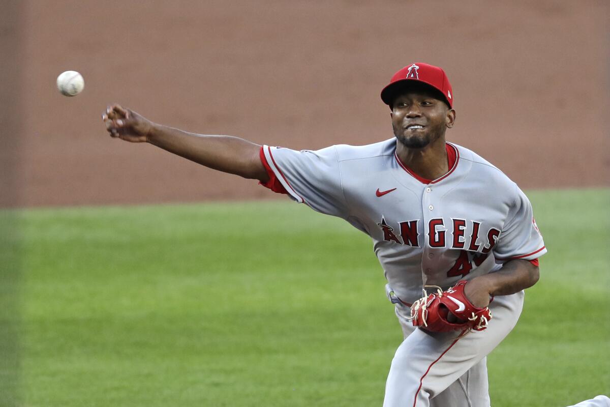 Angels starting pitcher Julio Teheran throws against the Seattle Mariners on Aug. 5