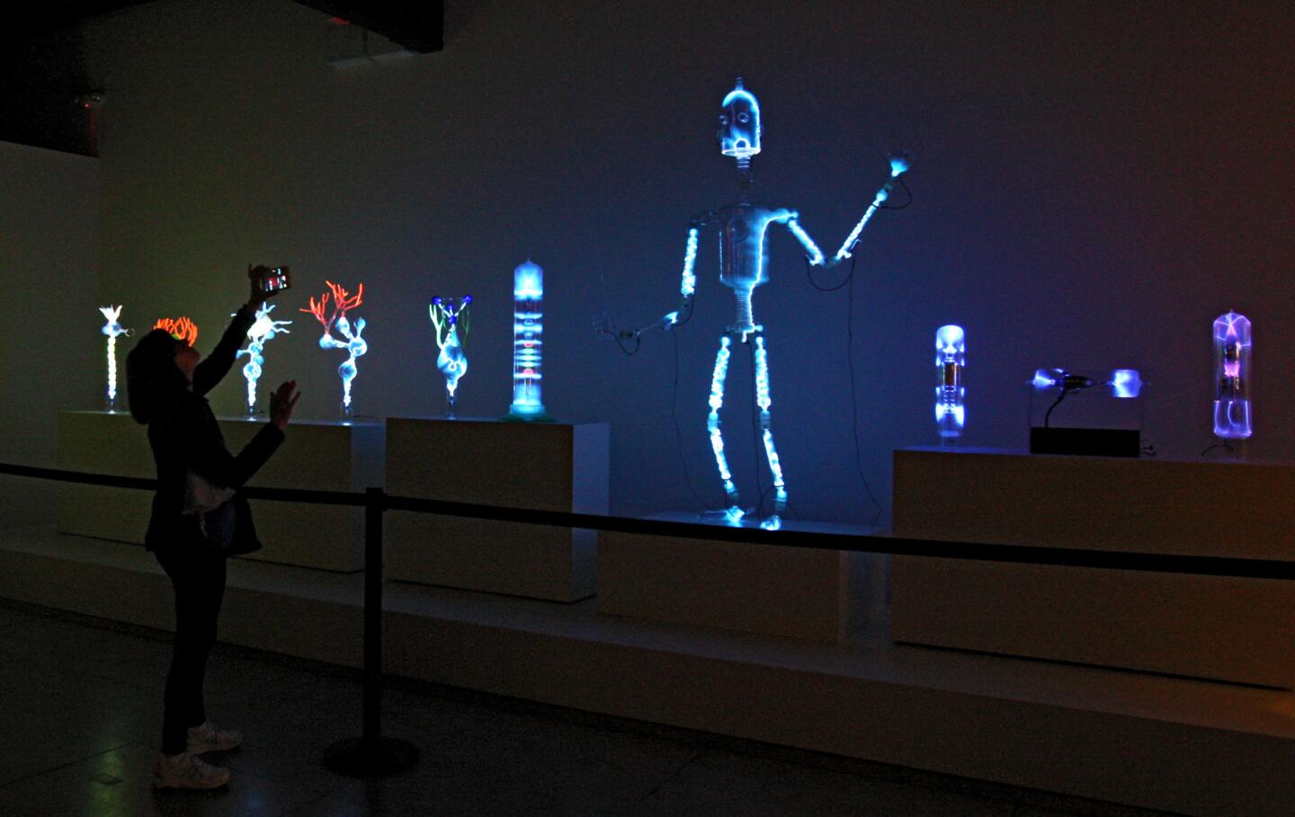 A woman takes a photo of Wayne Strattman's displays from the new exhibit called the Art of Plasma, at the Museum of Neon Art (MONA) in Glendale on Friday, Feb. 24, 2017.