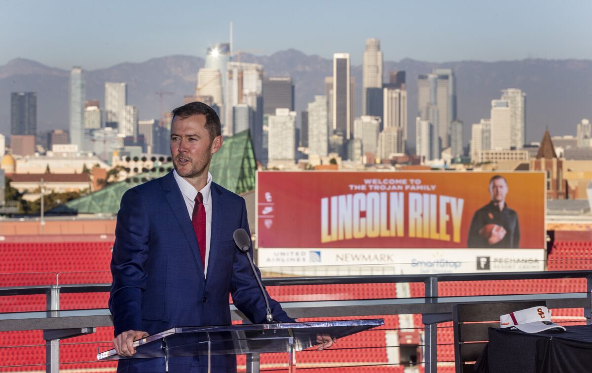 USC football coach Lincoln Riley speaks during his introductory news conference Monday at the Coliseum.