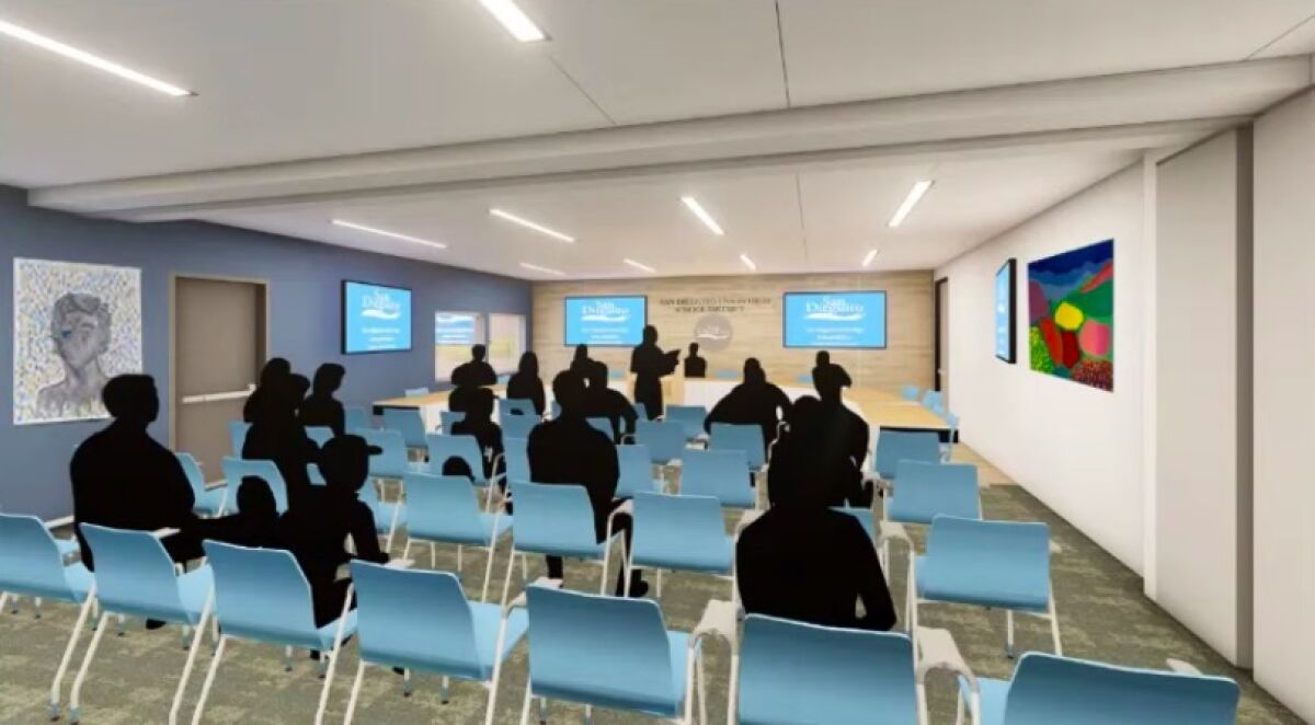 A conceptual rendering for a new board room in the SDUHSD office building.