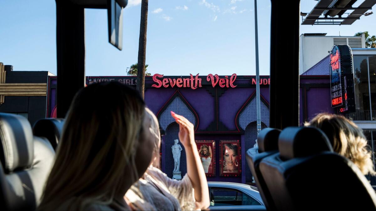Passing the Seventh Veil strip club on the TMZ Tour of Hollywood.