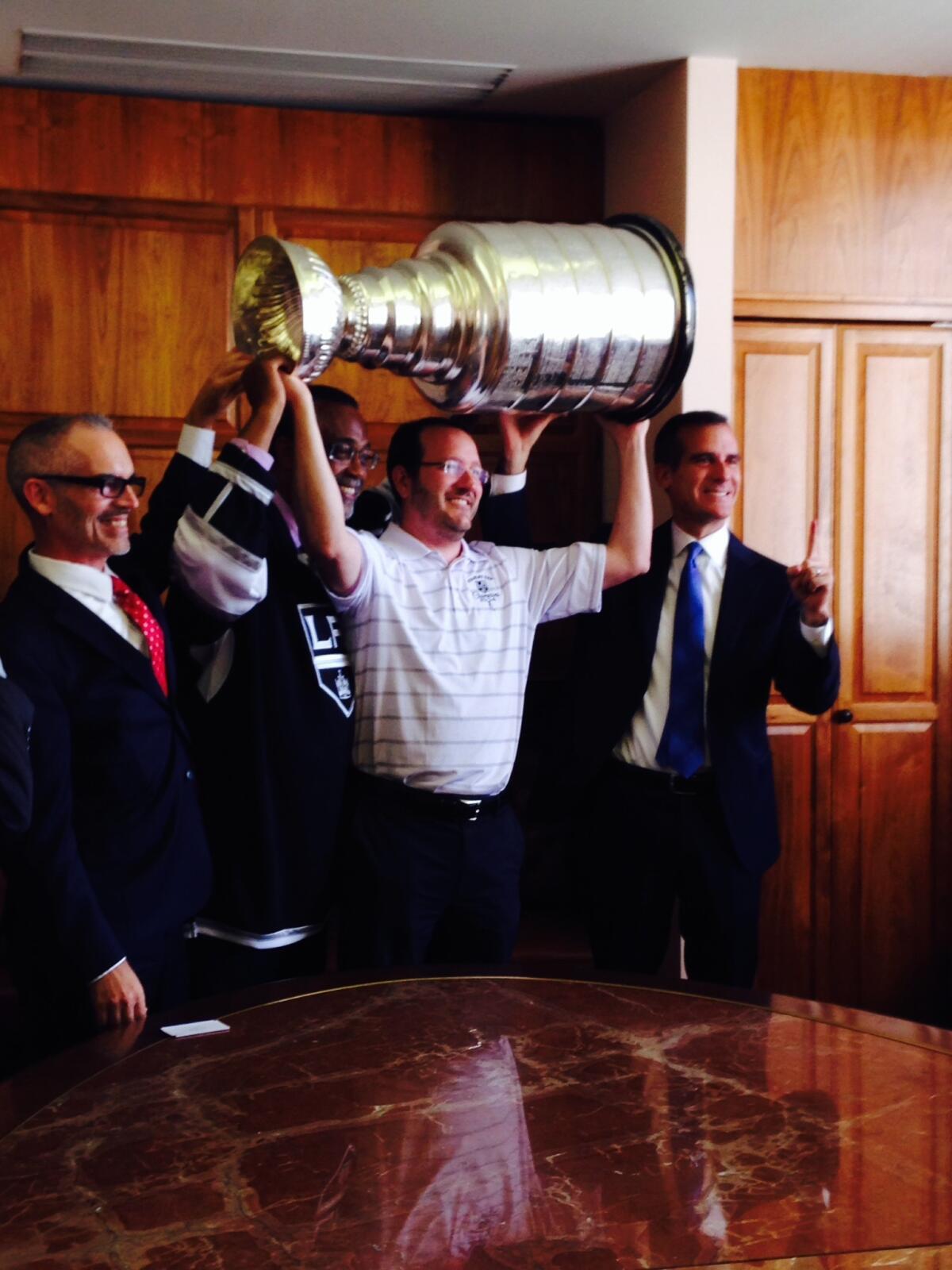 The Stanley Cup stops by Mayor Eric Garcetti's office in Los Angeles City Hall.
