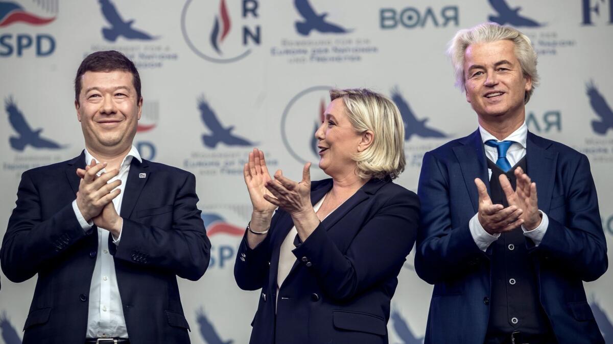 Tomio Okamura, left, of the Czech Freedom and Direct Democracy party; Marine Le Pen of the French National Rally party and Geert Wilders of the Dutch anti-Islam Party for Freedom share the stage at a meeting of Europe's far-right leaders in Prague, Czech Republic, on April 25.