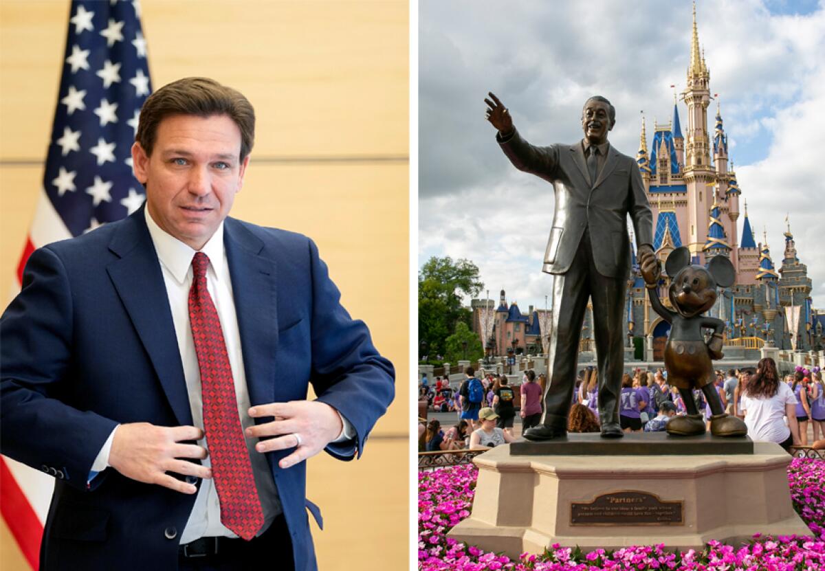 Ron DeSantis and a statue of Walt Disney and Mickey Mouse. 