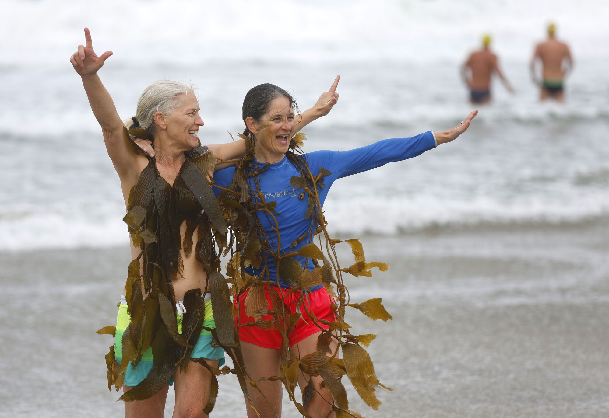 Julie Cairelli, and and Gretchen Pound return from the ocean wrapped in kelp after going for a dip.