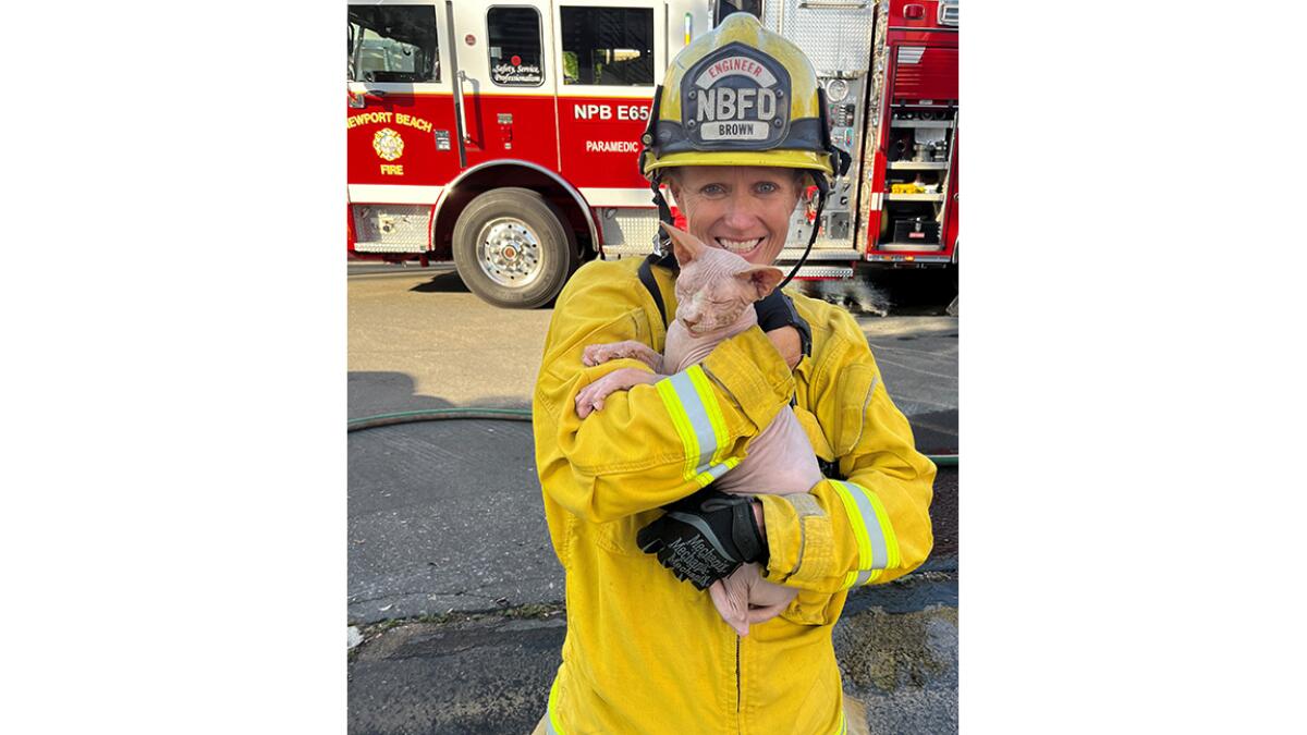 A Newport Beach firefighter carries a cat that was rescued from a home that caught fire Friday evening.