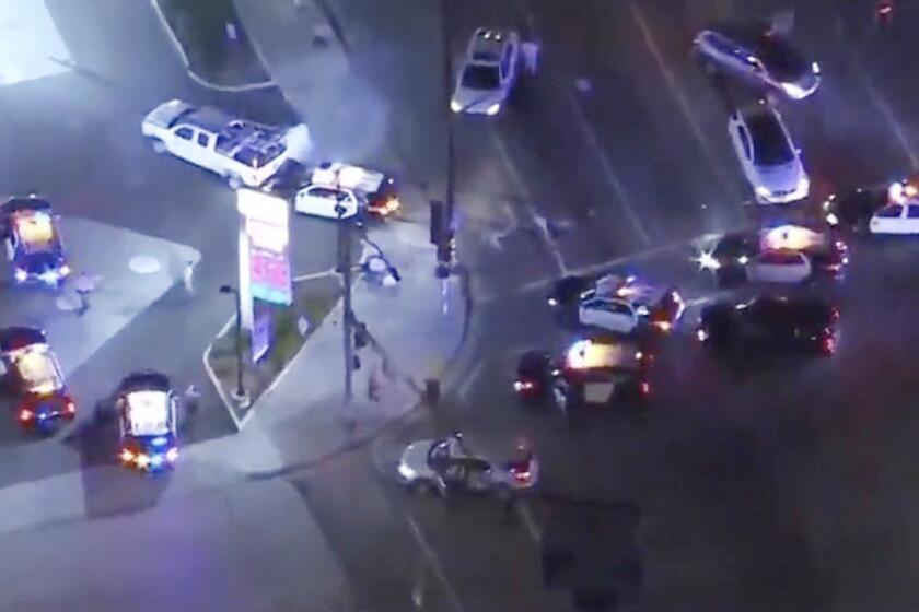 A dangerous pursuit of a driver who stole several vehicles and led authorities on a chase through L.A. and Orange counties ended with a crash at a gas station in Hacienda Heights, and shots fired by deputies with the Los Angeles County Sheriff's Department.