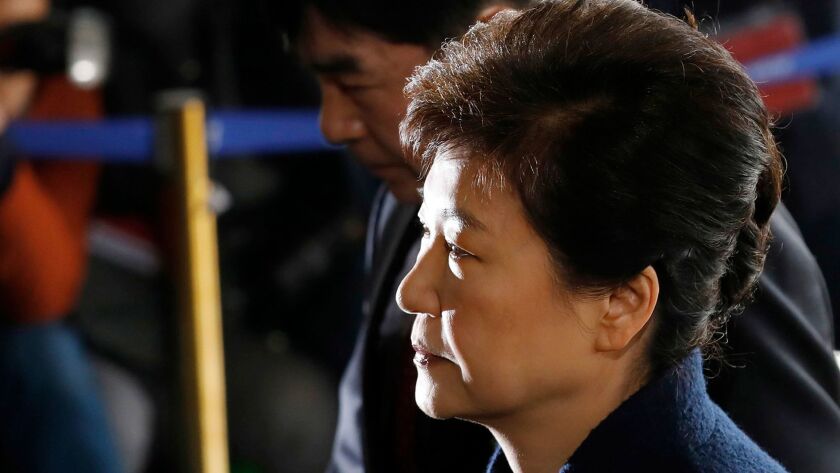 Ousted South Korean leader Park Geun-hye arrives at the prosecutor's office in Seoul on March 21, 2017. (Kim Hong-ji / Associated Press)