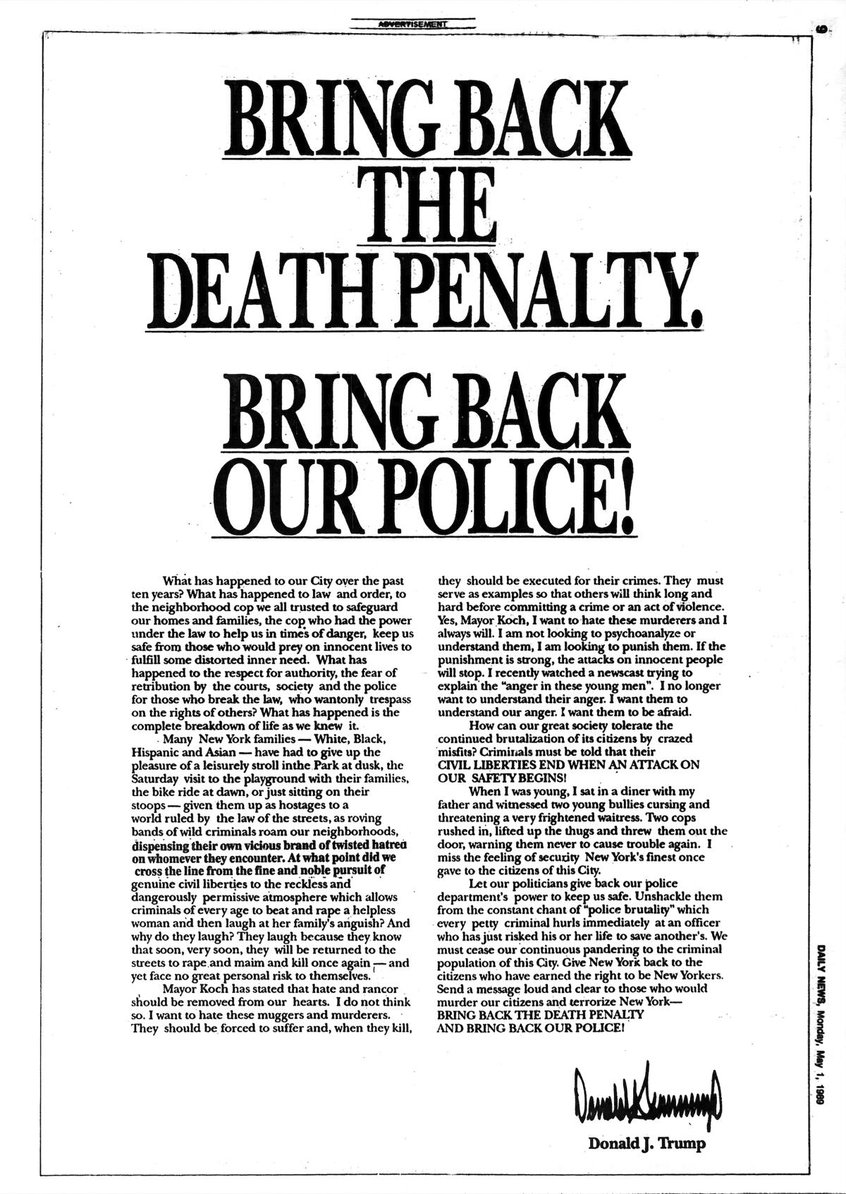 A May 1, 1989, full-page newspaper ad Donald Trump took out in the New York Daily News calling for five men's execution.