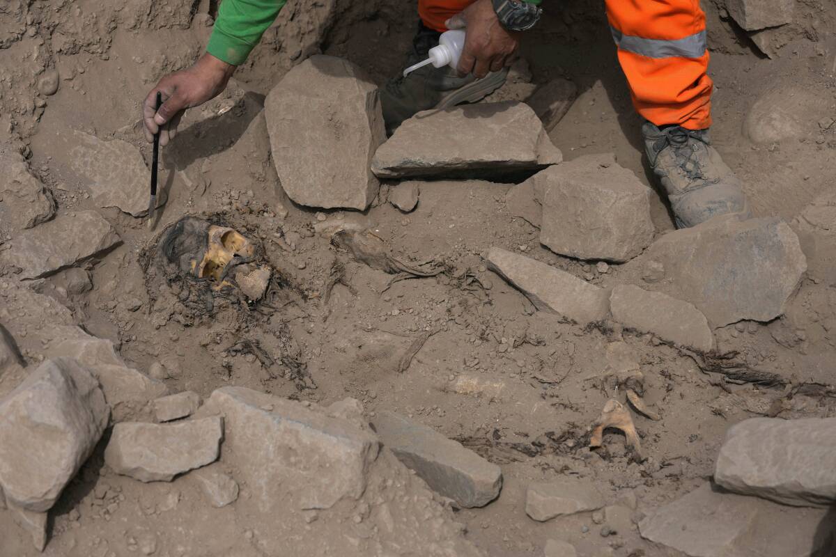 Un arqueólogo excava en la tumba de una momia prehispánica 