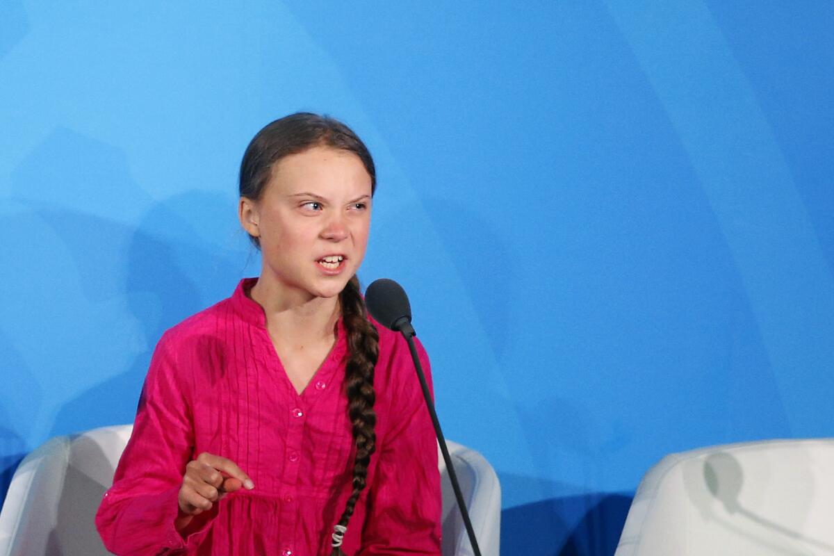 Environmental activist Greta Thunberg addresses the Climate Action Summit in the United Nations General Assembly on Sept. 23.