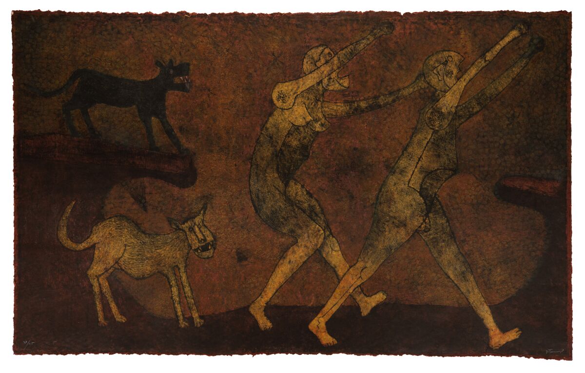 "Dos personajes atacados por perros,"1983, by Rufino Tamayo, at Charles White Elementary.