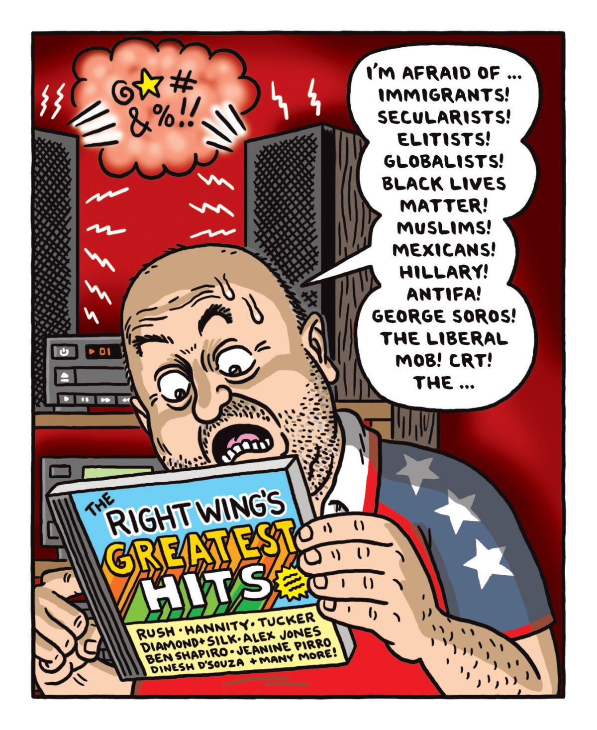 Illustration of a bald man in a patriotic shirt sweating as he reads back of a CD labeled "The Right Wing's Greatest Hits"