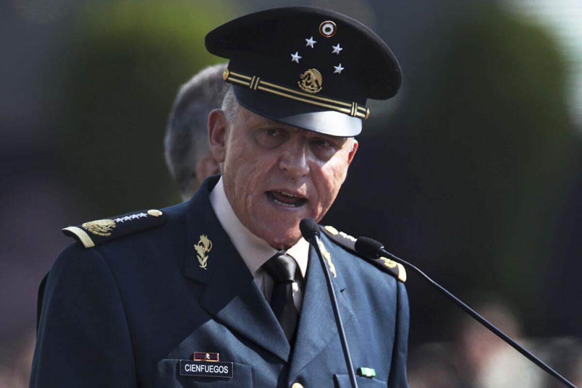 Gen. Salvador Cienfuegos of Mexico gives a speech in military uniform