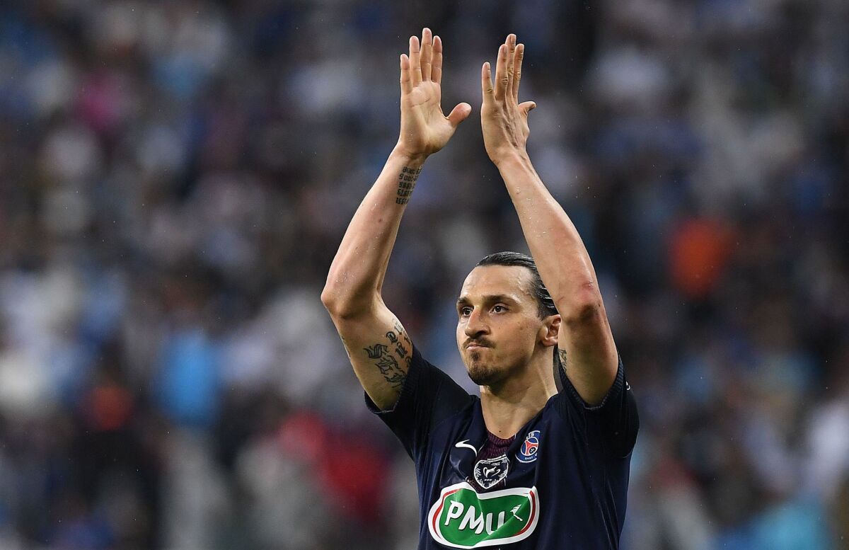 Zlatan Ibrahimovic in the French Cup final between Marseille and Paris Saint-Germain on May 21, 2016, in Saint-Denis, north of Paris. (Franck Fife / AFP/Getty Images)
