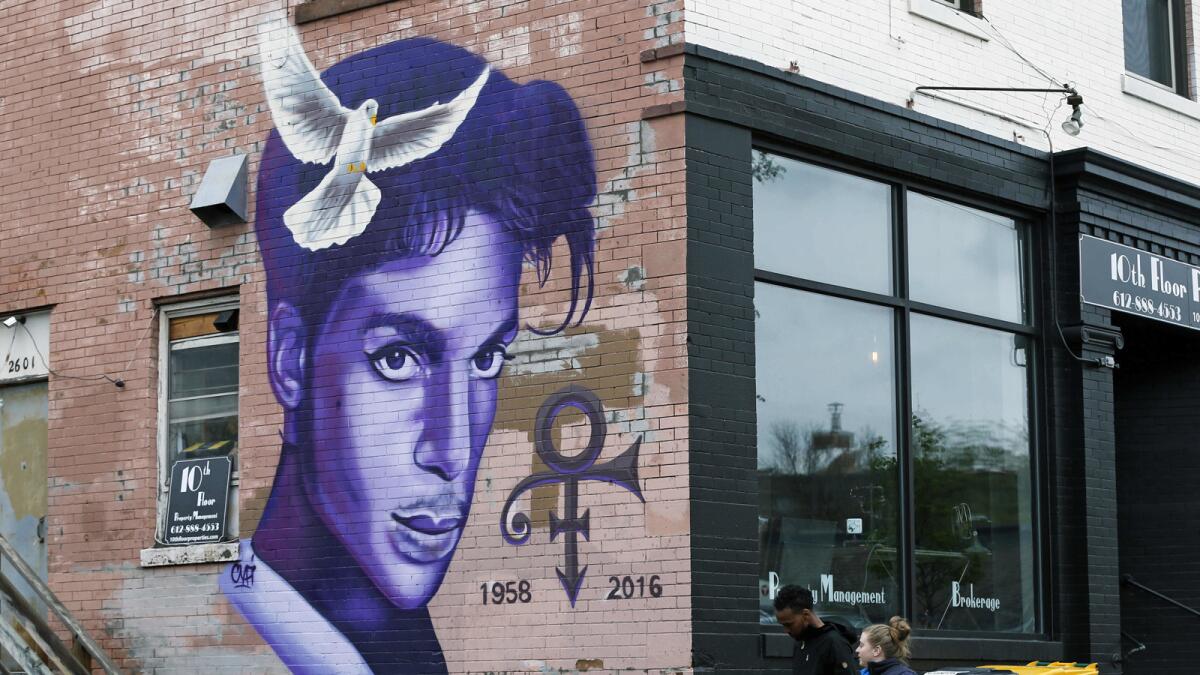 A mural honoring Prince adorns a building in the Uptown area of Minneapolis on April 28.