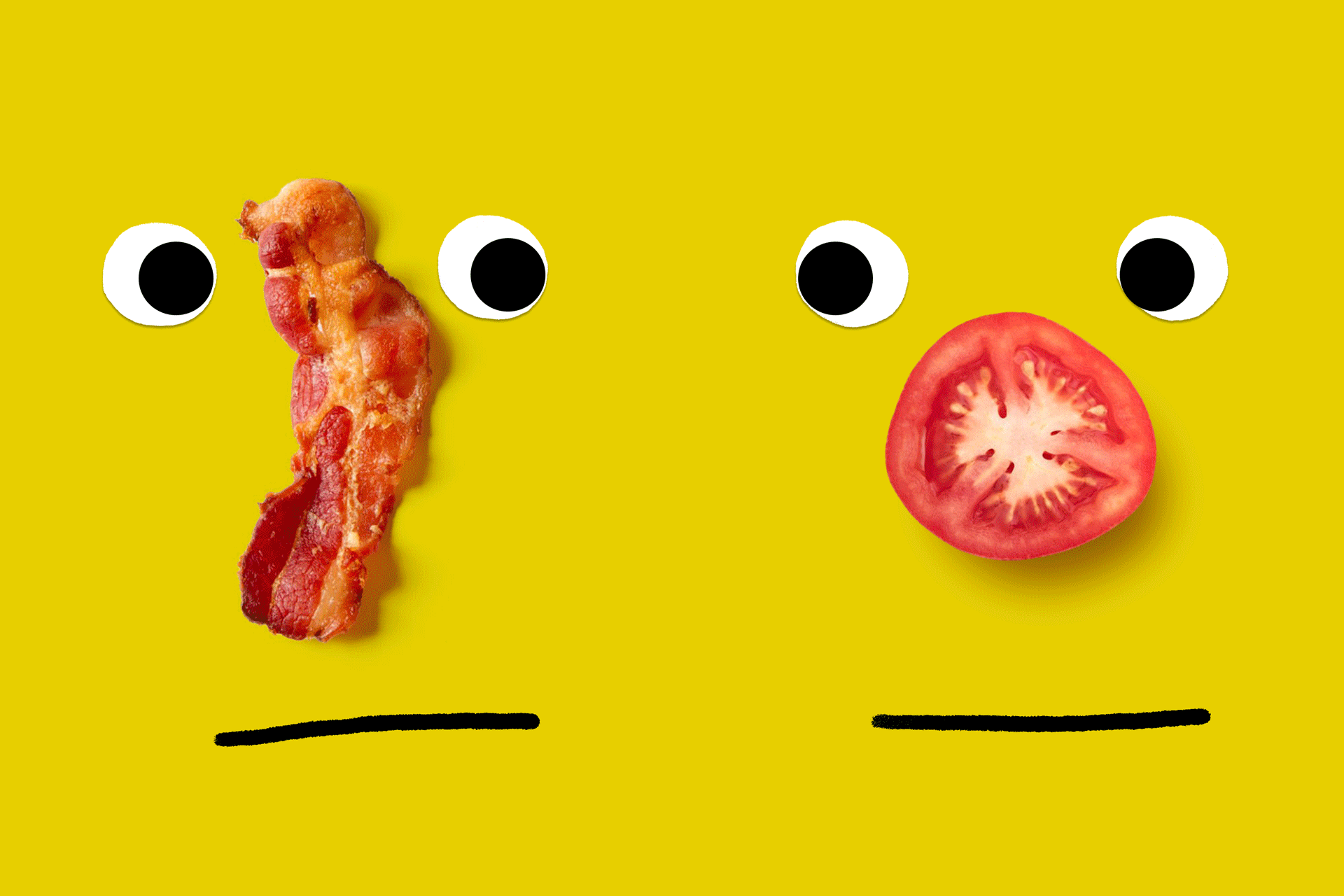 Photo illustration of two comic faces with animated noses formed from meat and vegetarian foods