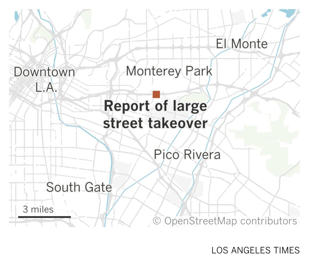 A map of eastern Los Angeles County shows the location of a reported street takeover in Montebello