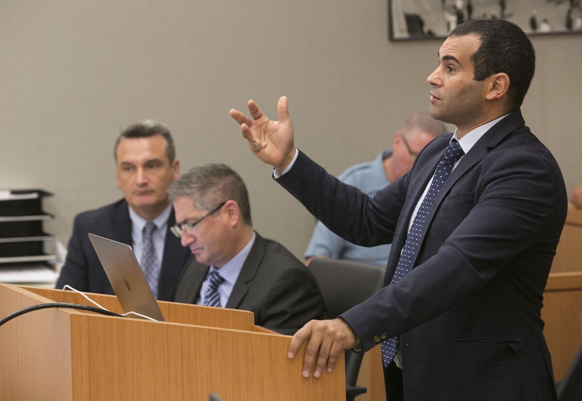Lawyer Aaron Sadock, right, in told a San Diego Superior Court judge his clients did not force or deceive any women into making adult videos. At far left, is attorney George Rikos and center is attorney Daniel Kaplan, who represent defendants in the case.