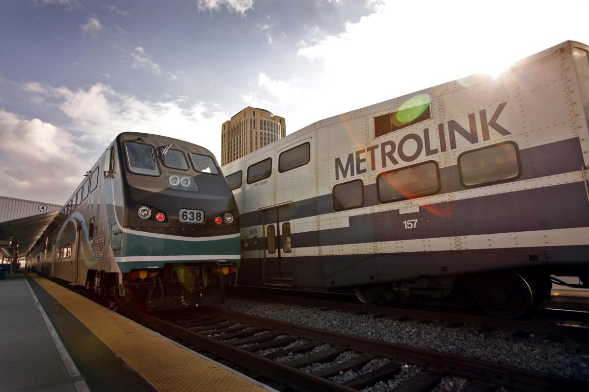Metrolink trains are shown at Union Station in downtown Los Angeles.