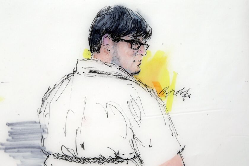 In this courtroom sketch, Enrique Marquez Jr. appears in federal court in Riverside on Dec. 21.